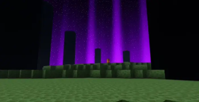 Purple light beams and blocky terrain at night