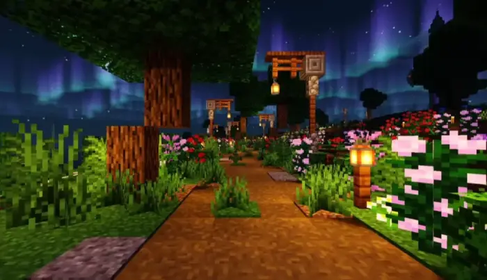 Night garden path with glowing lanterns