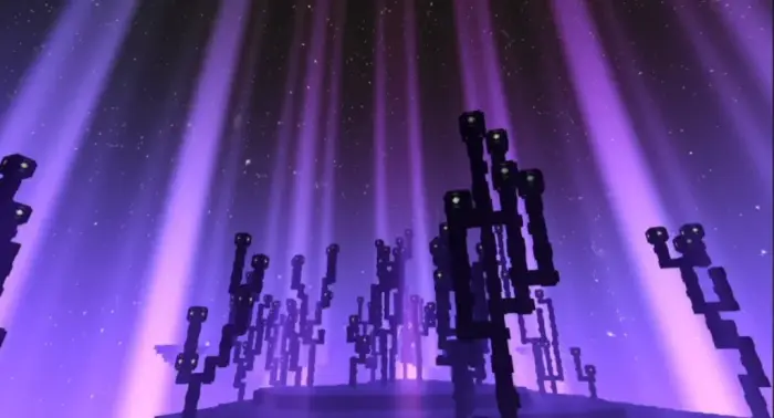 Purple beams and glowing blocky plants at night