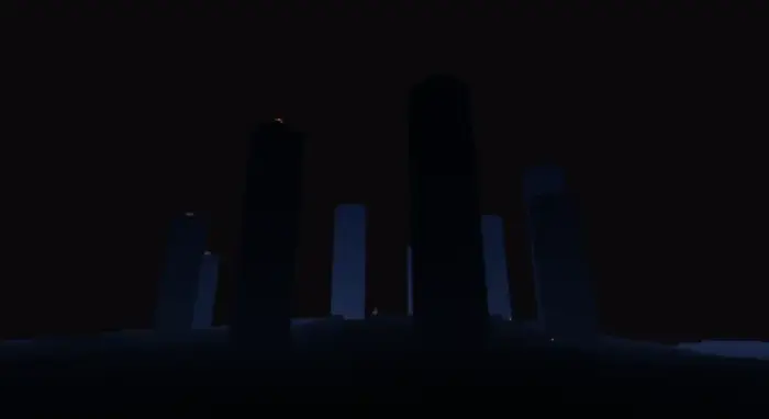 Dark towers with soft blue lighting effects