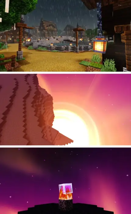 1. Rainy village with glowing lanterns 2. Vivid sunset over blocky cliffs 3. Bright campfire under starry sky