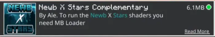 NEWB X STARS shader pack info panel
