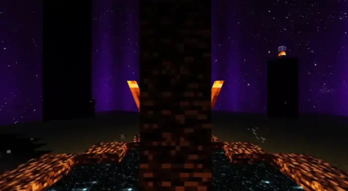 Glowing pillars and vibrant purple sky