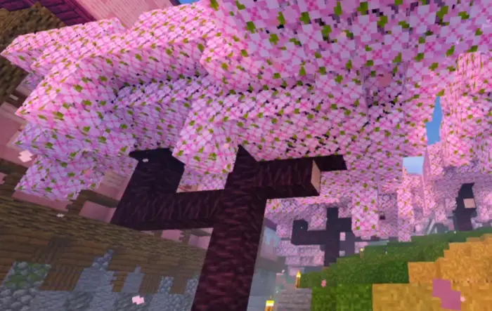 Vibrant cherry blossom trees with soft lighting