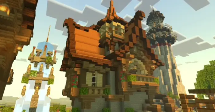 Sunlit wooden house with realistic shadows