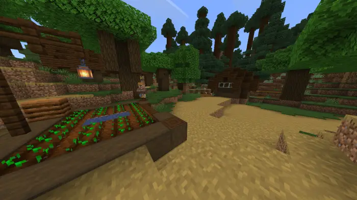 Forest village with crops and wooden houses