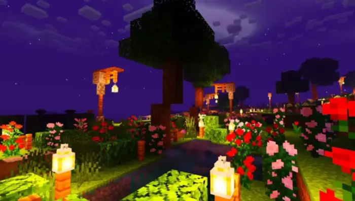 Vibrant garden with dynamic lighting at night