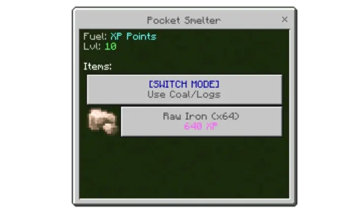 ALT Pocket Smelter menu with fuel options