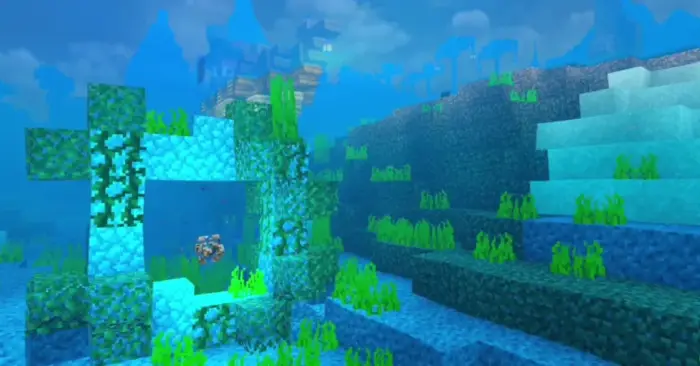 Vibrant underwater scene with glowing ruins
