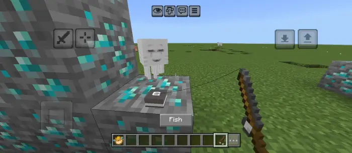 Fishing rod cast near diamond ore block