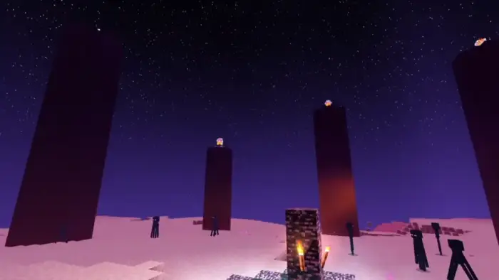 Starry night sky and glowing pillars in-game
