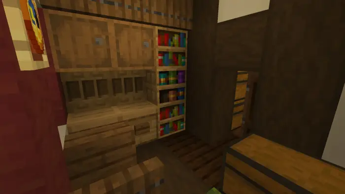 Cozy cottage interior with bookshelves and chest