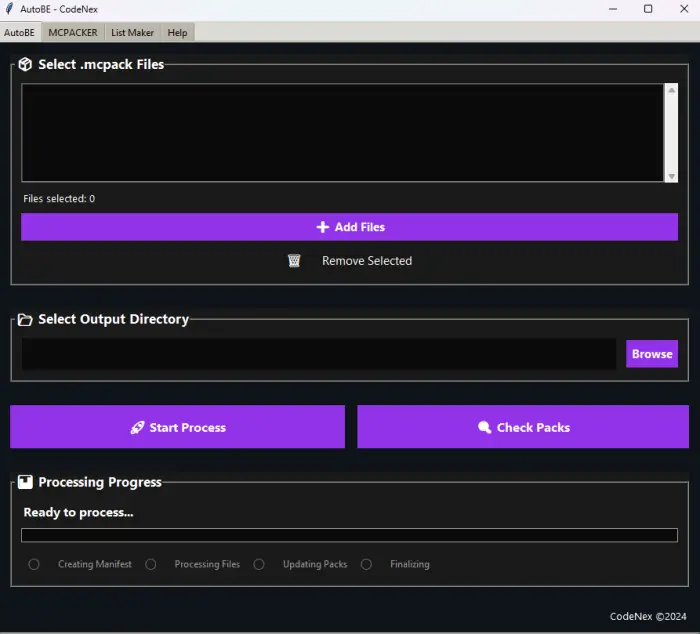 Modpack tool interface with file selection.