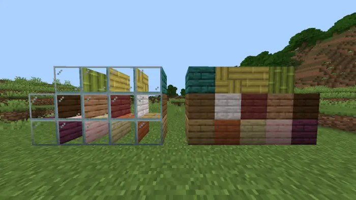 Colored one-way glass blocks and wood planks