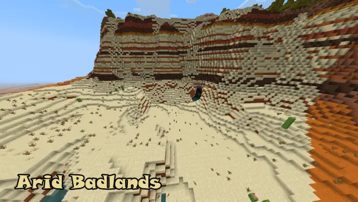 Layered sandy cliffs labeled Arid Badlands