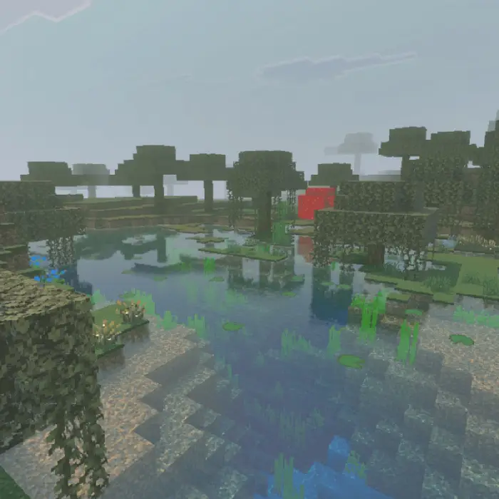Blocky swamp landscape with murky water.