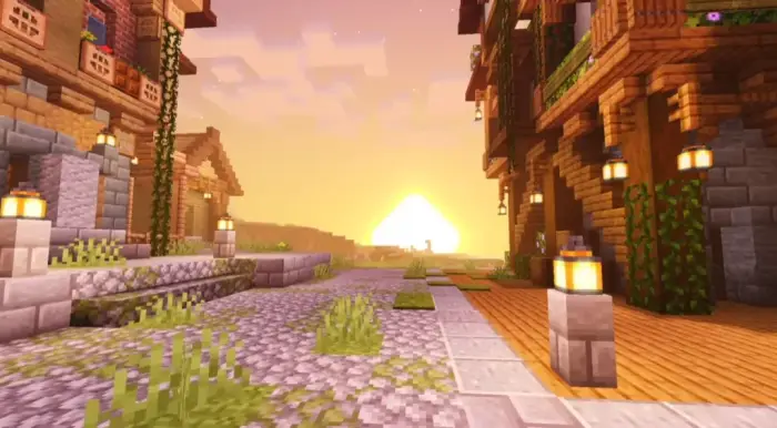 Soft sunset lighting on village street