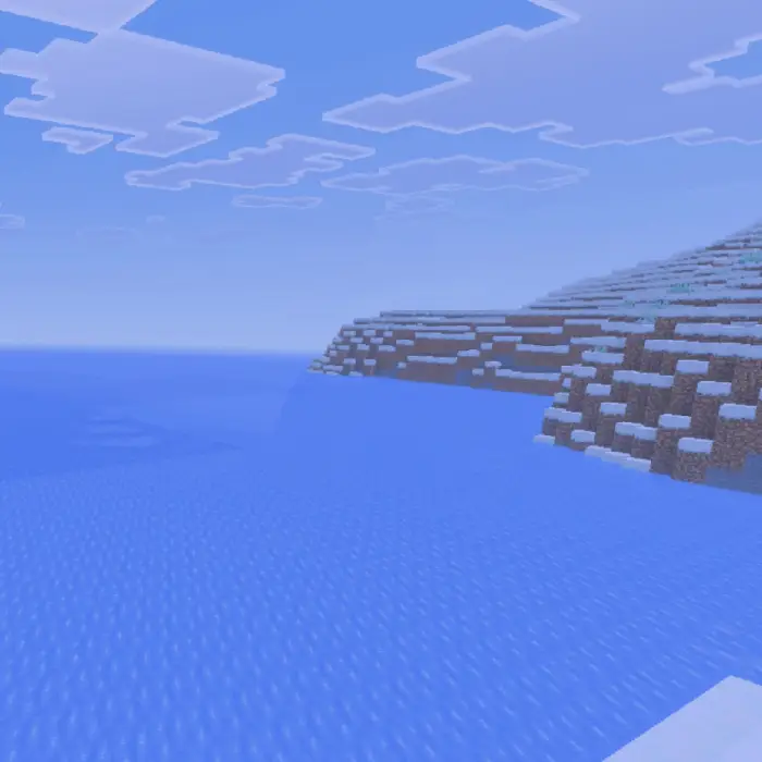 Snowy coastline with ice and frozen water.