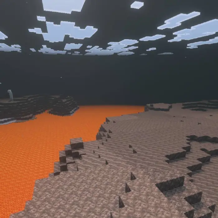 Barren terrain with lava lake and dark sky