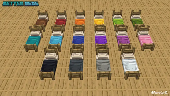 Rows of colorful 3D beds on wooden floor