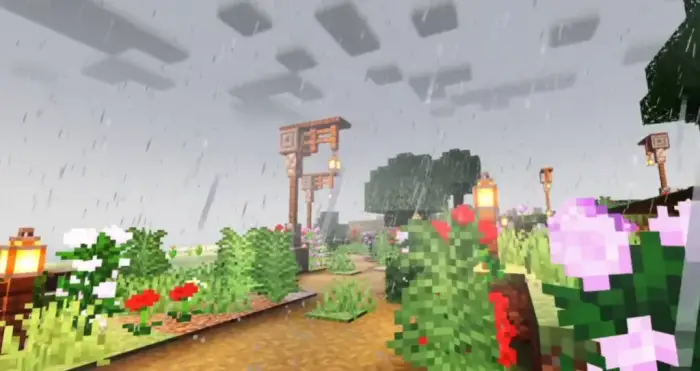 Vibrant garden path with rain and soft lights