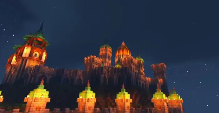 Glowing castle with dynamic lighting at night