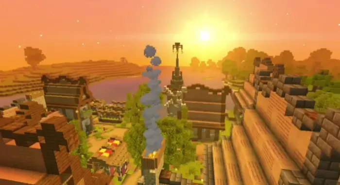 Blocky village at sunset with vibrant lighting