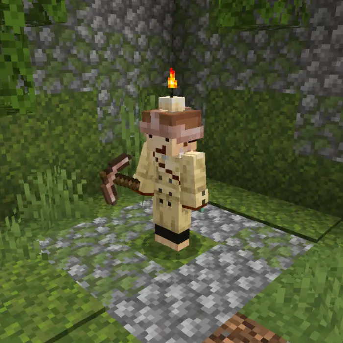 Player holds rose gold pickaxe in ruins.