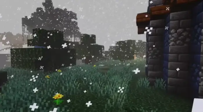 Snowfall over grassy terrain with enhanced lighting