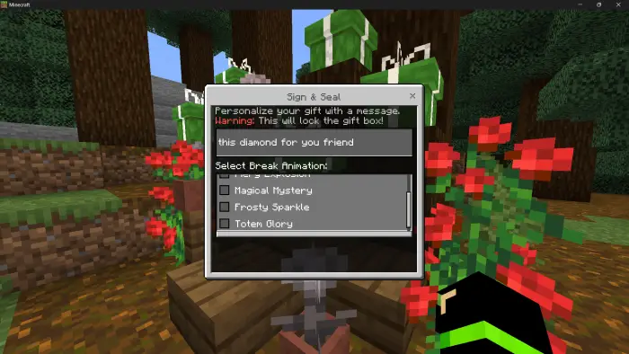 Gift customization menu with particle effects