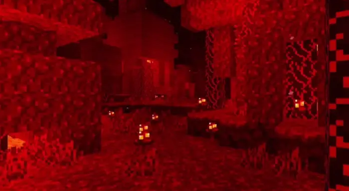 Glowing red-lit cave with enhanced textures
