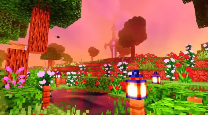 Vibrant sunset over a pixelated flower garden