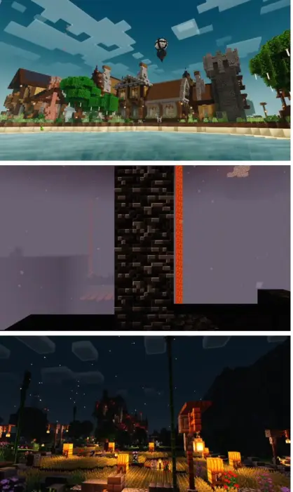 1. Bright village scene with smooth water 2. Dark fortress with glowing lava wall 3. Nighttime village with soft lighting
