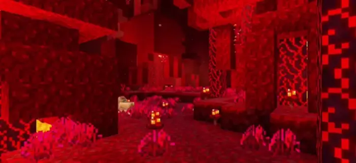 Vivid red-lit cave with glowing plants