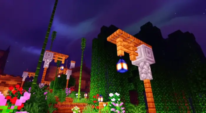 Vibrant lanterns and lush greenery at night