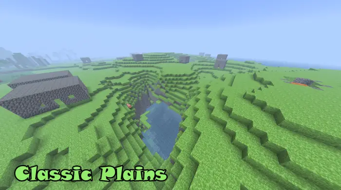 Aerial view of blocky plains with old ruins