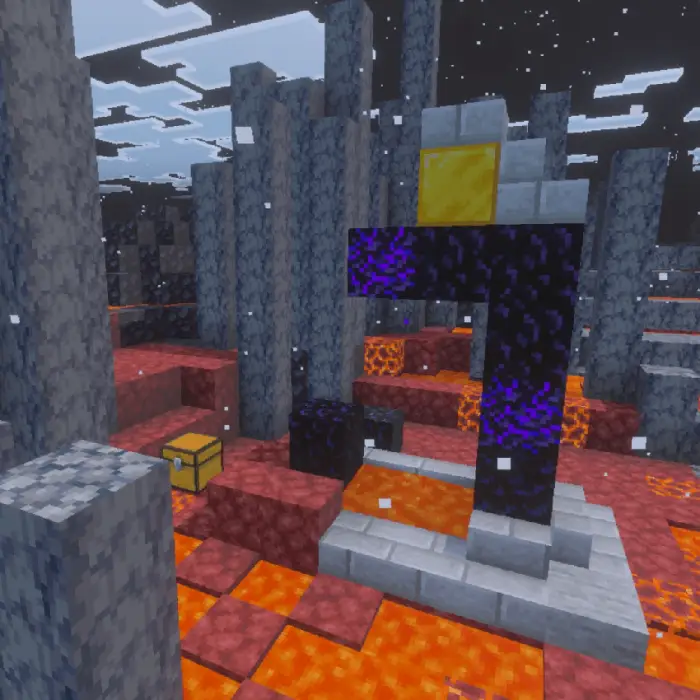 Ruined portal in a snowy basalt landscape