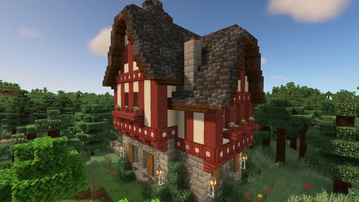 Half-timbered cottage in a forest clearing