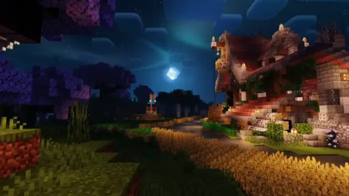 Vivid night scene with blue-lit sky and shadows