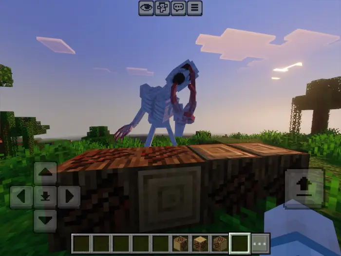 Creepy skeletal creature near wooden logs