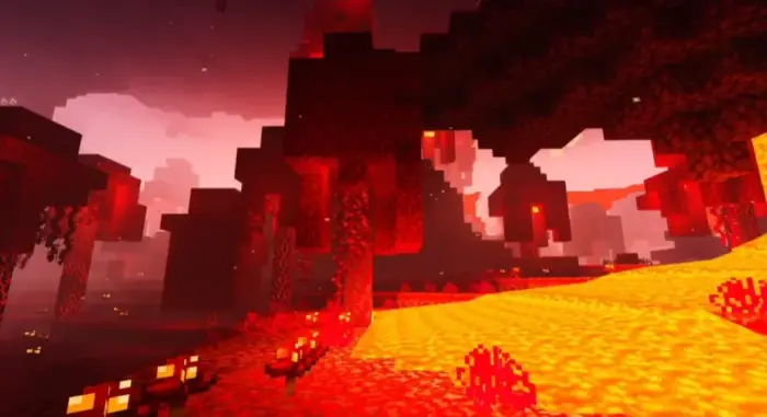 Glowing lava and red forest with soft shadows