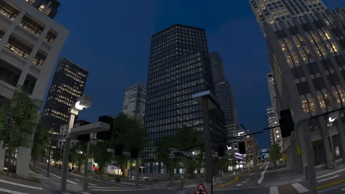 Modern cityscape with tall buildings at night