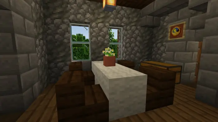 Cozy stone cottage dining area with windows