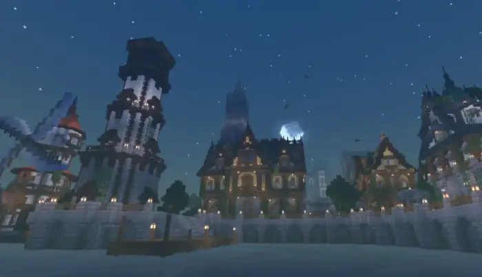 Medieval buildings with moonlit reflections