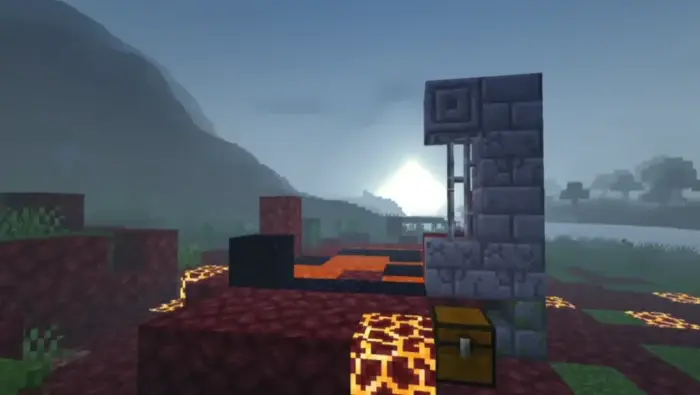 Sunrise over detailed blocks and reflections