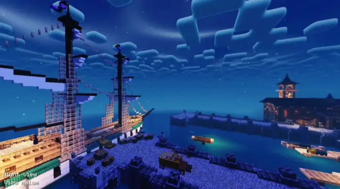 Lit harbor scene with enhanced water effects