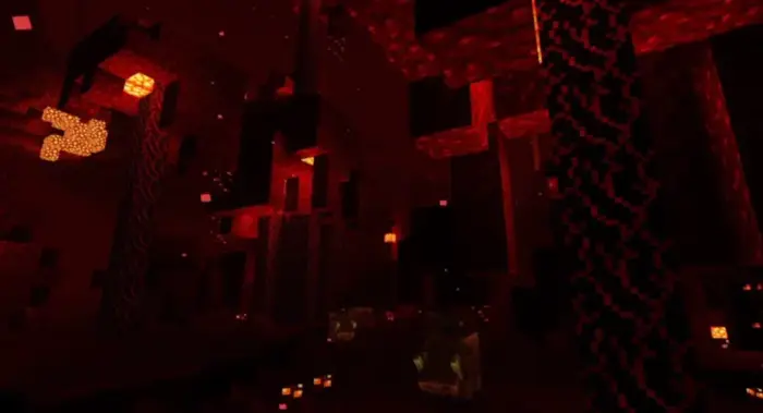 Glowing red-lit cavern with dynamic shadows