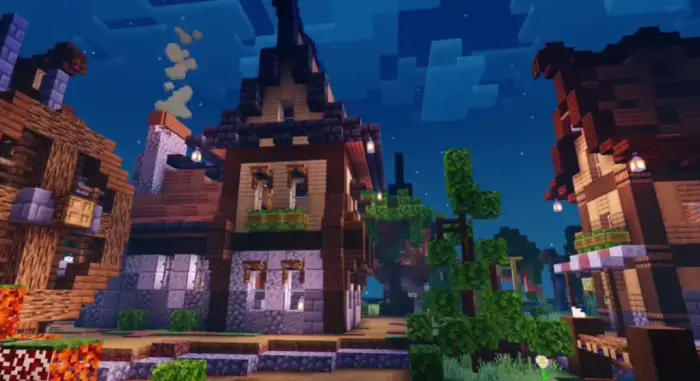 Vibrant village houses with soft lighting