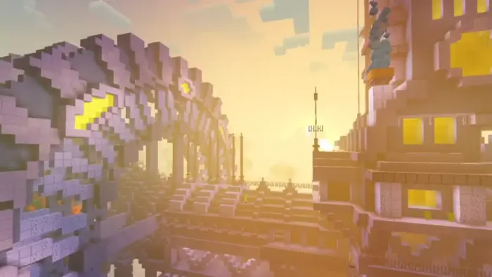 Warm sunlight glows over detailed block structures.
