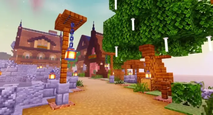 Colorful village path with enhanced lighting